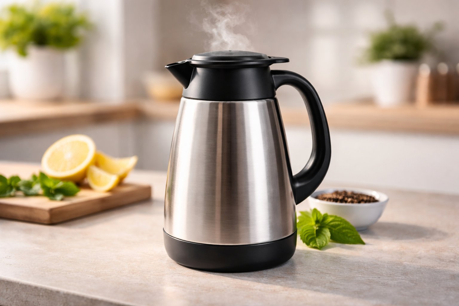 Edelstahl-Thermokanne eines Teeautomaten auf einer Küchenarbeitsplatte mit dampfendem Tee