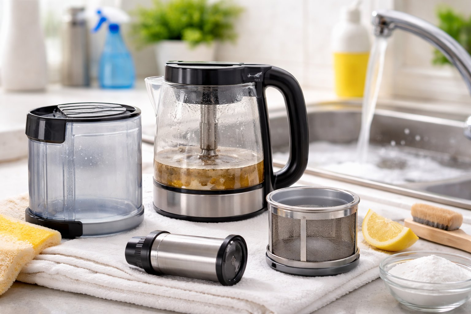 Einzelteile eines Teeautomaten werden in der Spüle gereinigt