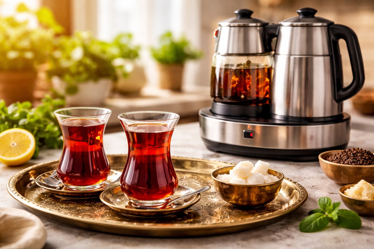Türkischer Tee in traditionellen Gläsern neben einem Teekocher mit Doppelkanne